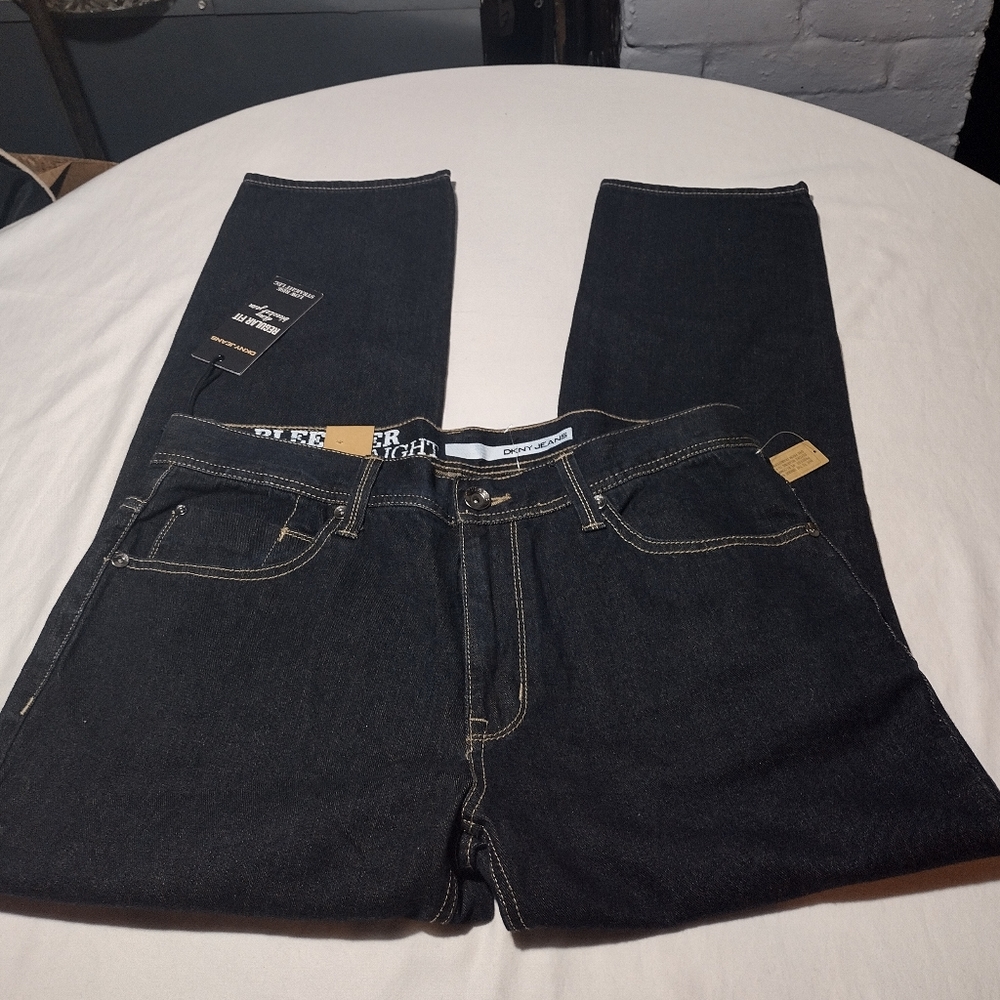 DKNY Bleeker Dark Blue Wash Regular Fit Low Rise Straight Leg Jeans - Picture 11 of 16